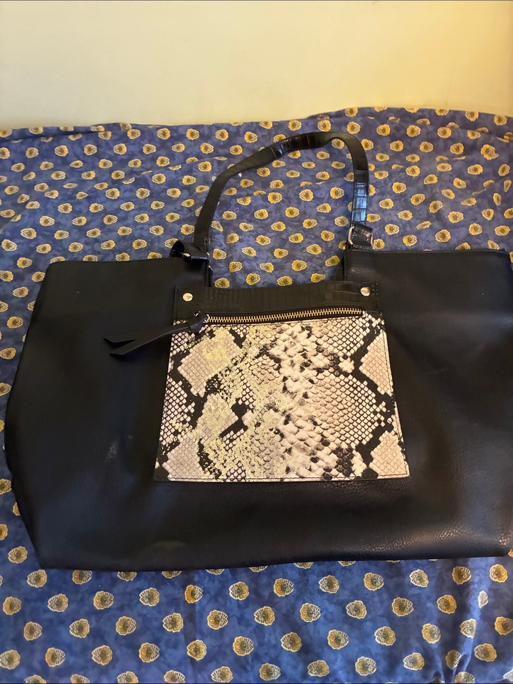 Market & Spruce Black Tote with Snake-Print Front Pocket